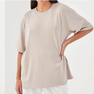 4TH & RECKLESS Boxy Crew Neck Dress Tee Micro Ribbed Taupe NWT‎ X Small Oversize